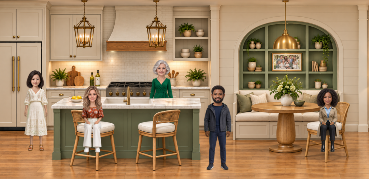 Neighbors visiting in a furnished kitchen with an island and breakfast nook.