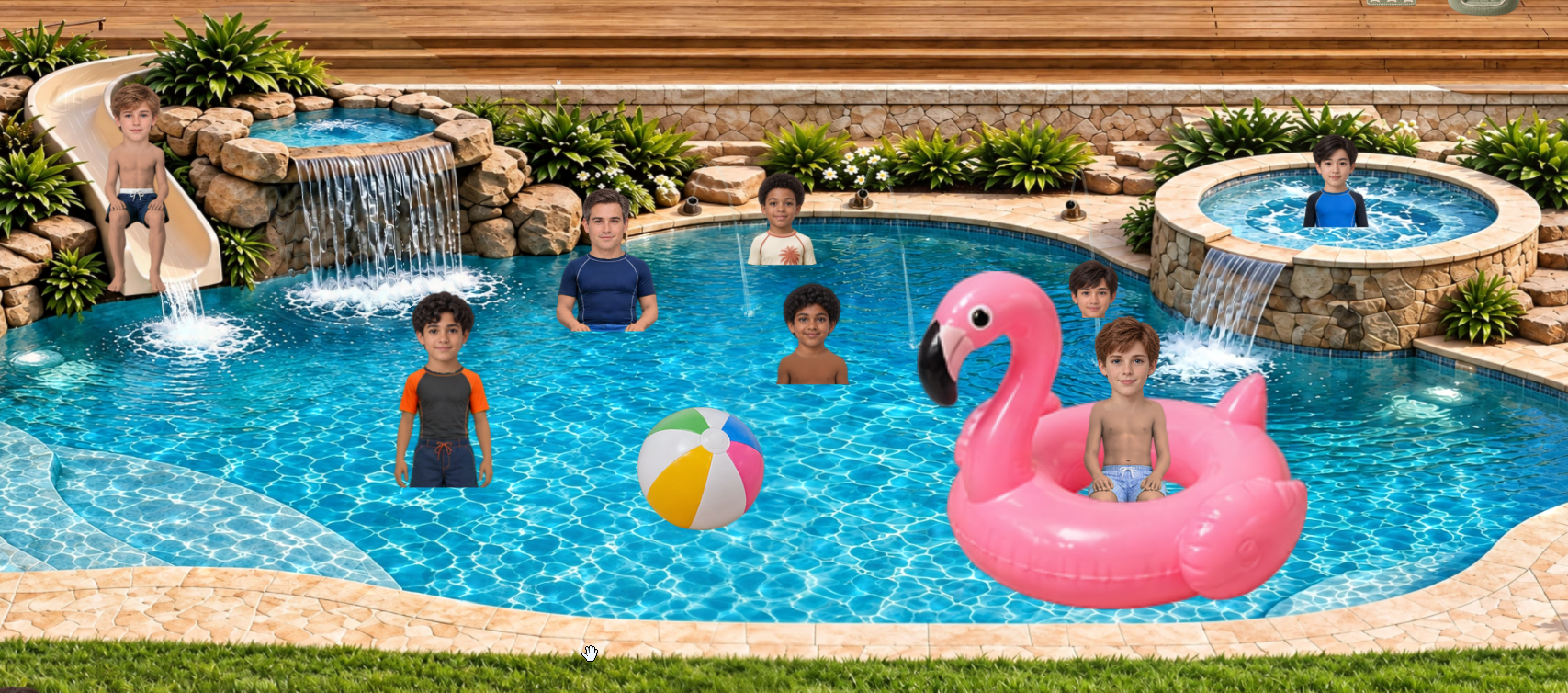 Dolls enjoying the Miller pool, waterfall, slide and pink flamingo float.