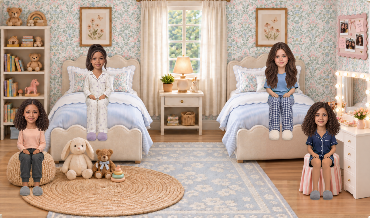 Four dolls spending an evening together in a furnished bedroom with twin beds.