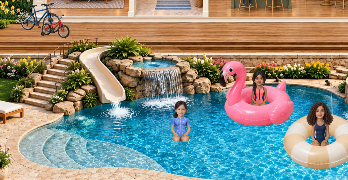 Dolls enjoying the Miller home's swimming pool, slide and colorful floats.